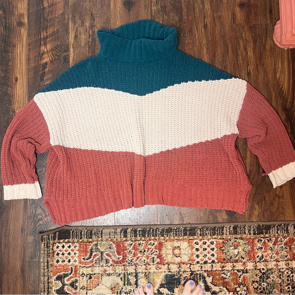 Boutique oversized super soft chunky knit color block turtleneck sweater large - Picture 2 of 7